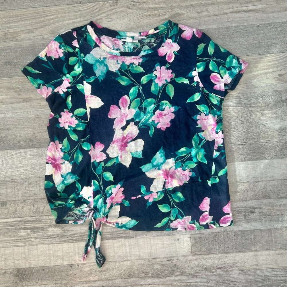 J. Jill Love Linen Blue Floral Knot Front Short Sleeve Top 100% Linen S16